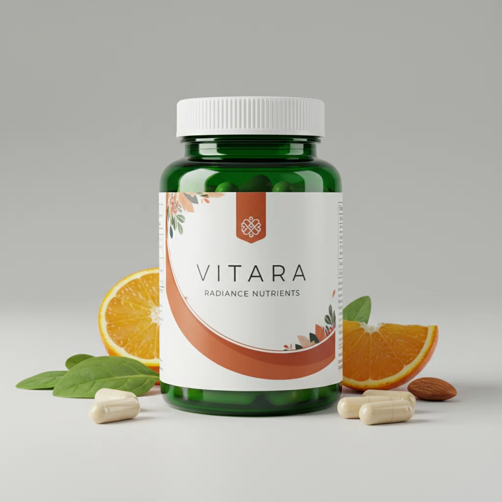 Vitara Radiance Nutrients -purkki, tummenvihreä lasipurkki hopeisin kansin, kapselit, sitrushedelmät ja vihreät lehdet studiovalaistuksessa